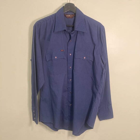Large Vintage Men's Cowboy Shirt by Chute #1 - Blue with Silver Flames on Back - Picture 2 of 4